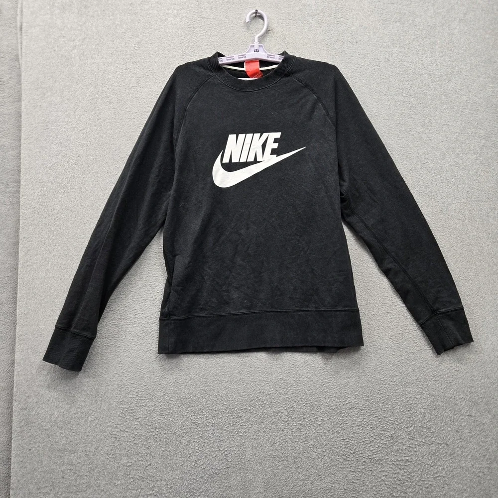 Nike Women Sweatshirt L Black Big Logo Graphic Print Rally Crew French Terry